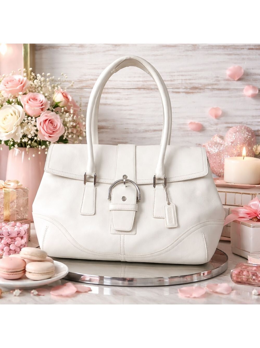Coach Buckle Vintage Hand Shoulder Bag Sohoβ White Leather Satchel Silver Hardwa